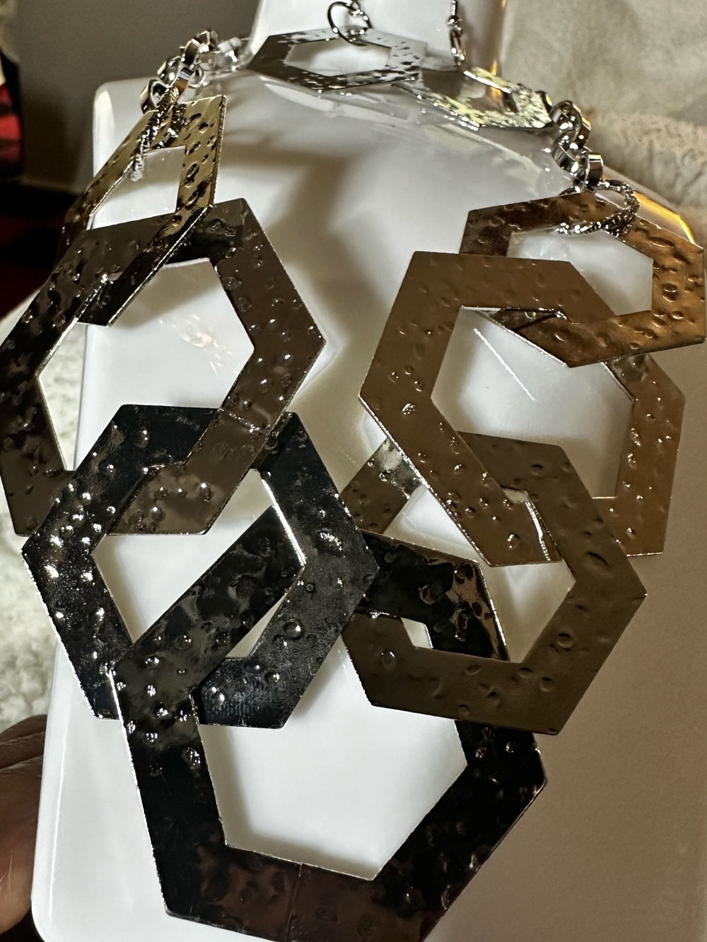 3PCS Chunky Hammered Hexagon Link Necklace and Earrings - Silver